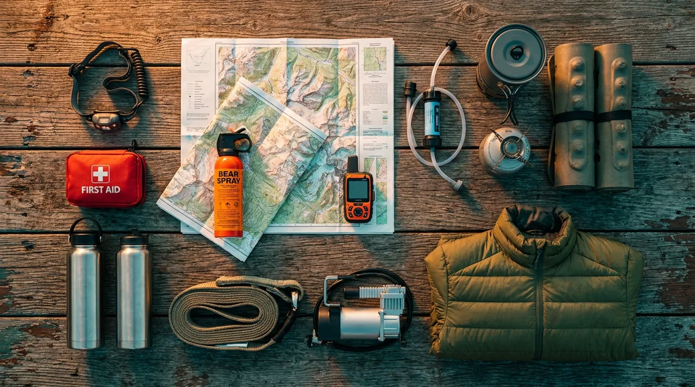 Overhead flat lay of a complete Kananaskis overlanding kit: maps, bear spray, satellite communicator, recovery gear, stove