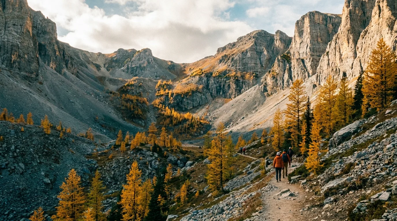 Golden larches in an alpine cirque in Kananaskis Country in late September