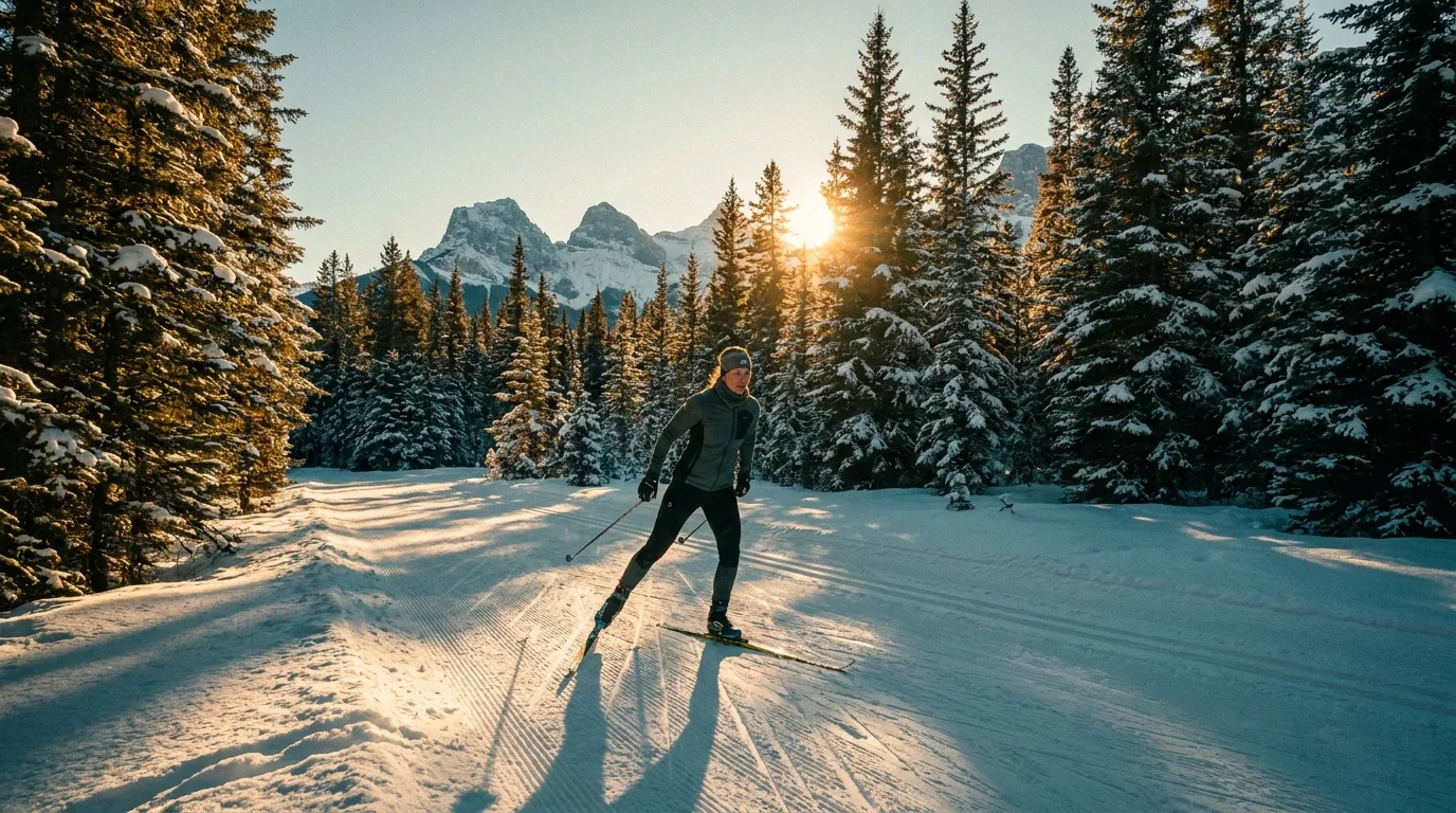 Cross-country skier on a groomed nordic trail through snowy spruce forest in Peter Lougheed Provincial Park