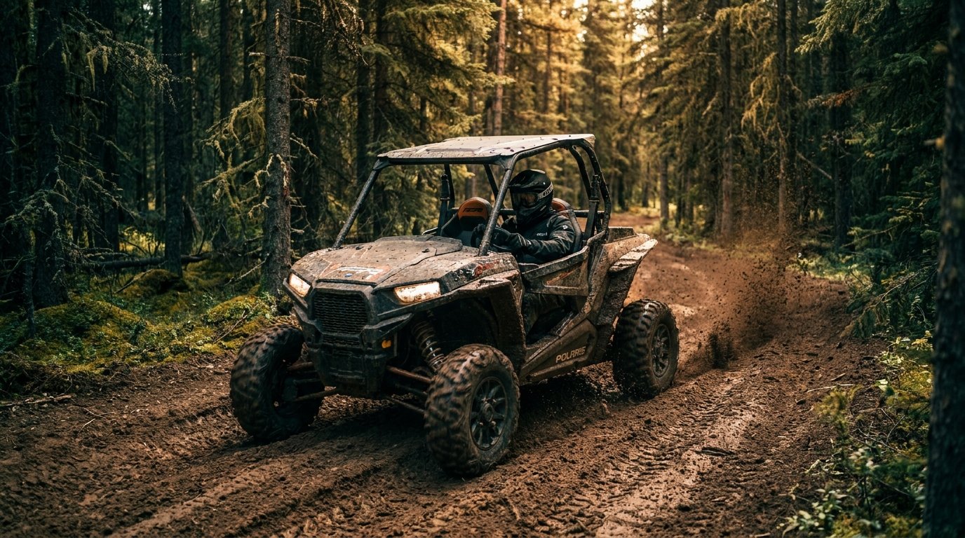 Side-by-side UTV on a designated OHV trail through pine forest at McLean Creek, Alberta