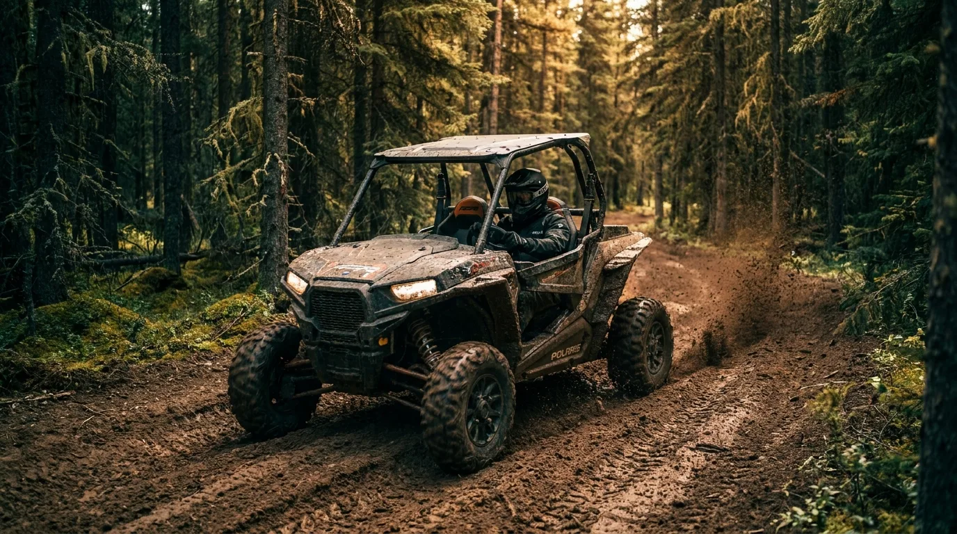 Side-by-side UTV on a designated OHV trail through pine forest at McLean Creek, Alberta