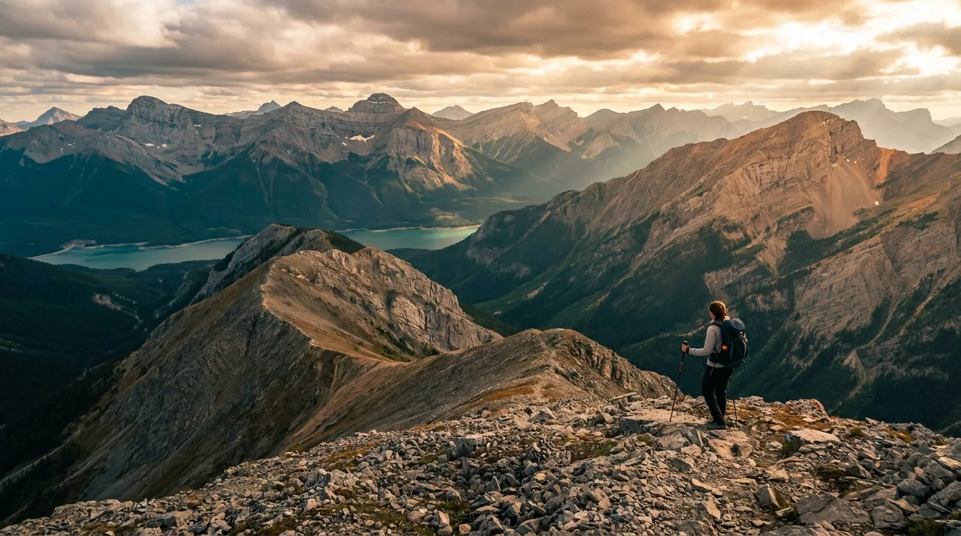 Hiker on the Tent Ridge horseshoe ridgeline above Spray Lakes Reservoir, Kananaskis