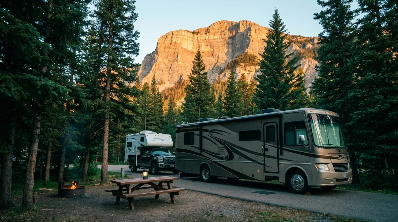 RV and truck camper at a serviced Kananaskis campground loop on a summer evening