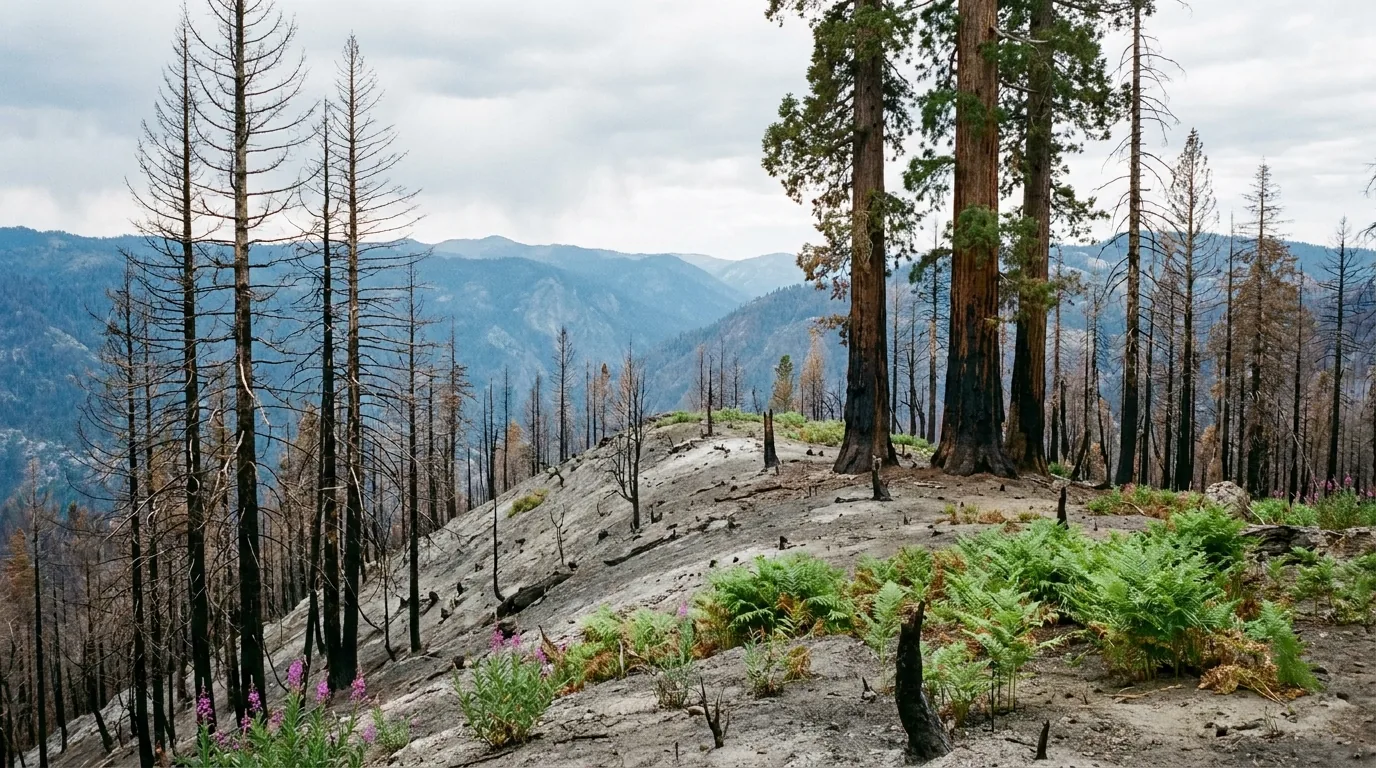 A severe wildfire burn scar on a Sierra Nevada ridge, standing dead blackened conifer snags with charcoal bark, a few surviving giant sequoias with scorched trunks and thin green crowns, bright green bracken regrowing on bare grey ash soil, blue ridges behind, overcast diffuse light, Windy Fire burn area Giant Sequoia National Monument California, ultrarealistic photograph representative of the region