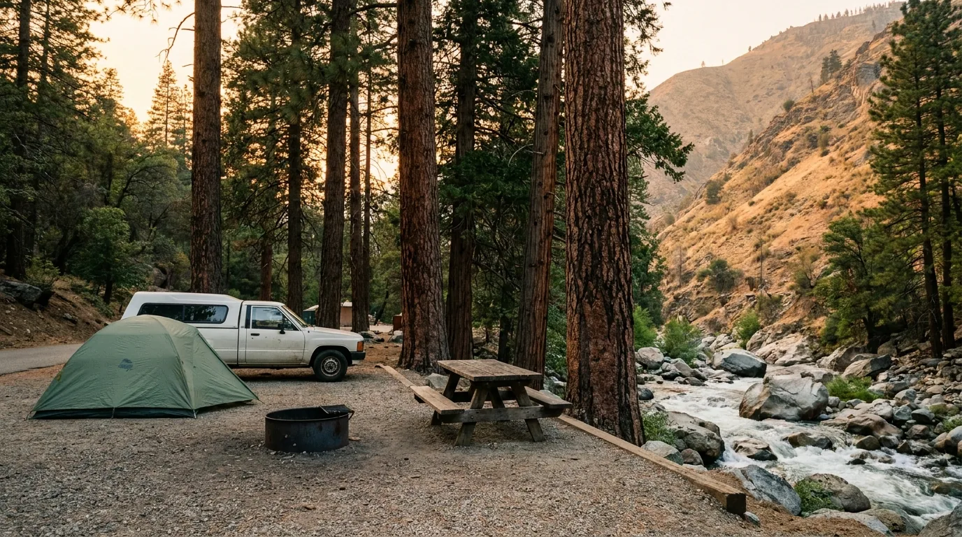 A simple national forest campsite on a bench above a rushing granite-bedded river, a dome tent and a pickup truck on a gravel pad, a steel fire ring and weathered picnic table under tall ponderosa pines, dry golden canyon slope behind, warm evening light, Upper Kern River corridor Sequoia National Forest California, ultrarealistic photograph representative of the region