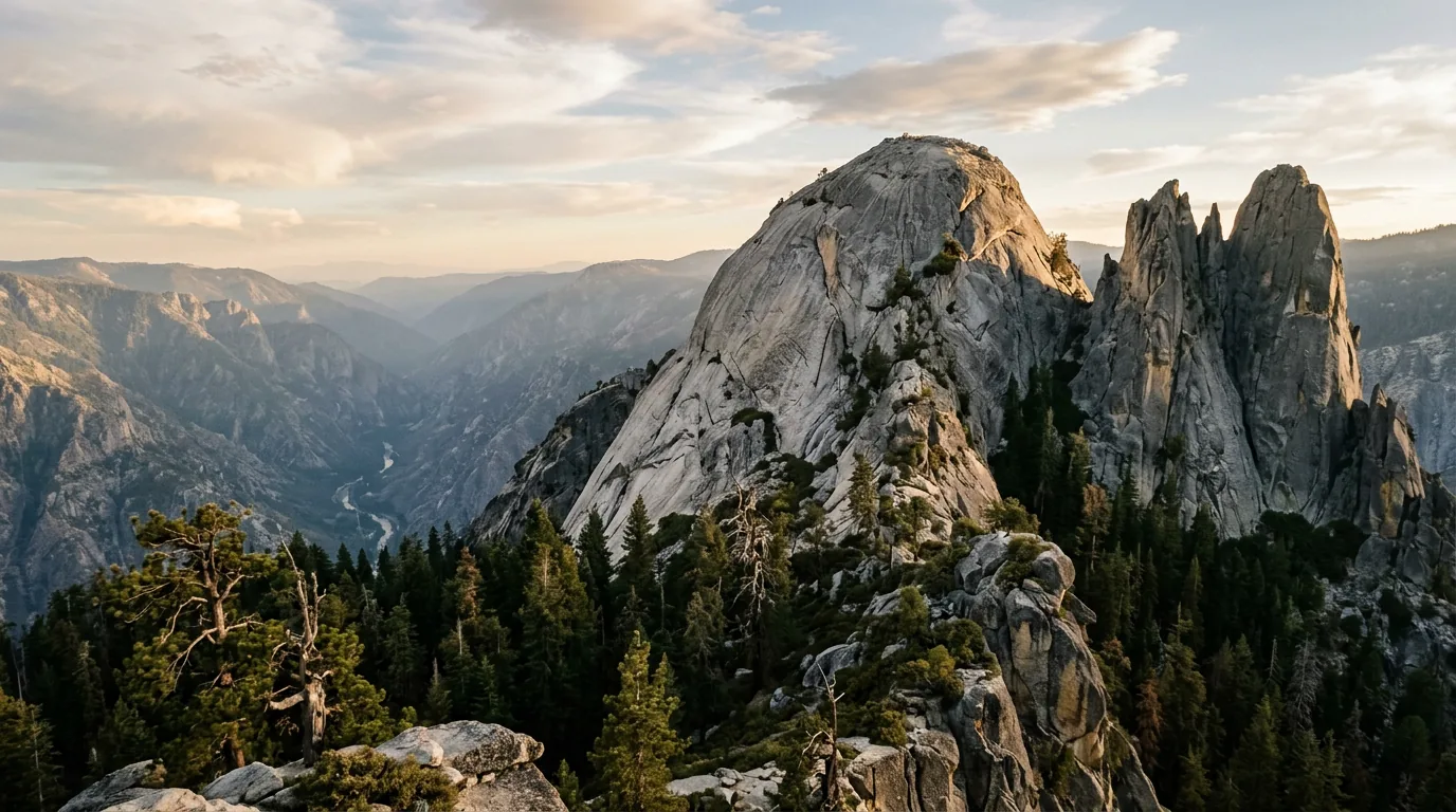 A huge bare grey granite dome and a cluster of sheer granite spires rising out of dense dark conifer forest on a high Sierra ridge, a deep hazy river canyon dropping away beyond, weathered pines on the rock, warm evening sidelight, Dome Rock and The Needles above the Kern River Sequoia National Forest California, ultrarealistic photograph representative of the region