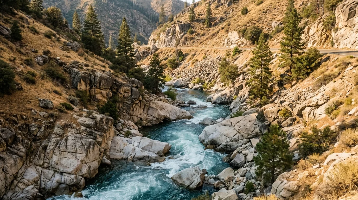 The Upper Kern River running fast and turquoise over pale granite boulders in a steep dry canyon of the southern Sierra Nevada, golden grass slopes and scattered pines above, a thin road ledge on the far wall, ultrarealistic photograph representative of the region