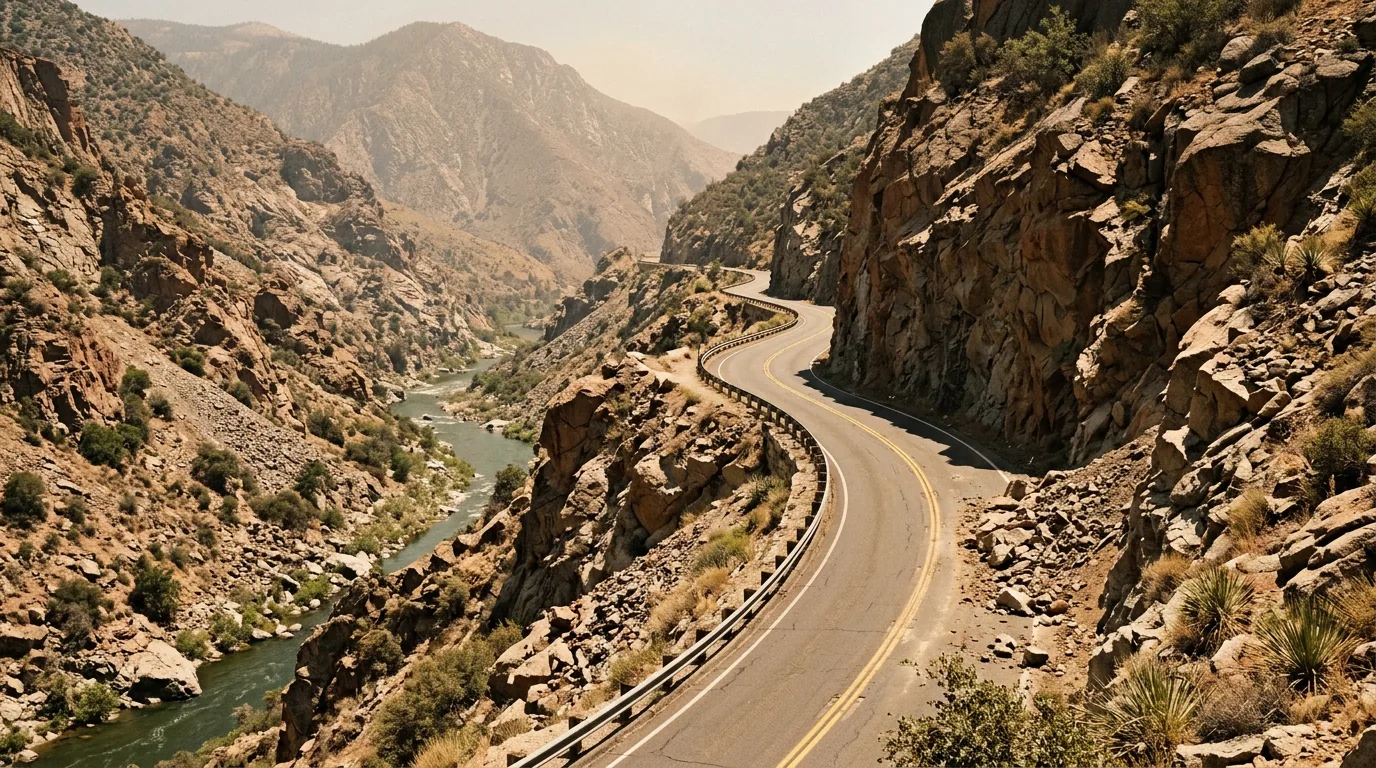 A narrow two-lane highway cut into the rock wall of a deep dry river canyon following a green river far below, blasted rock faces and scree above the guardrail, sparse chaparral on tan slopes, harsh midday sun, State Route 178 in the Kern River Canyon California, ultrarealistic photograph representative of the region