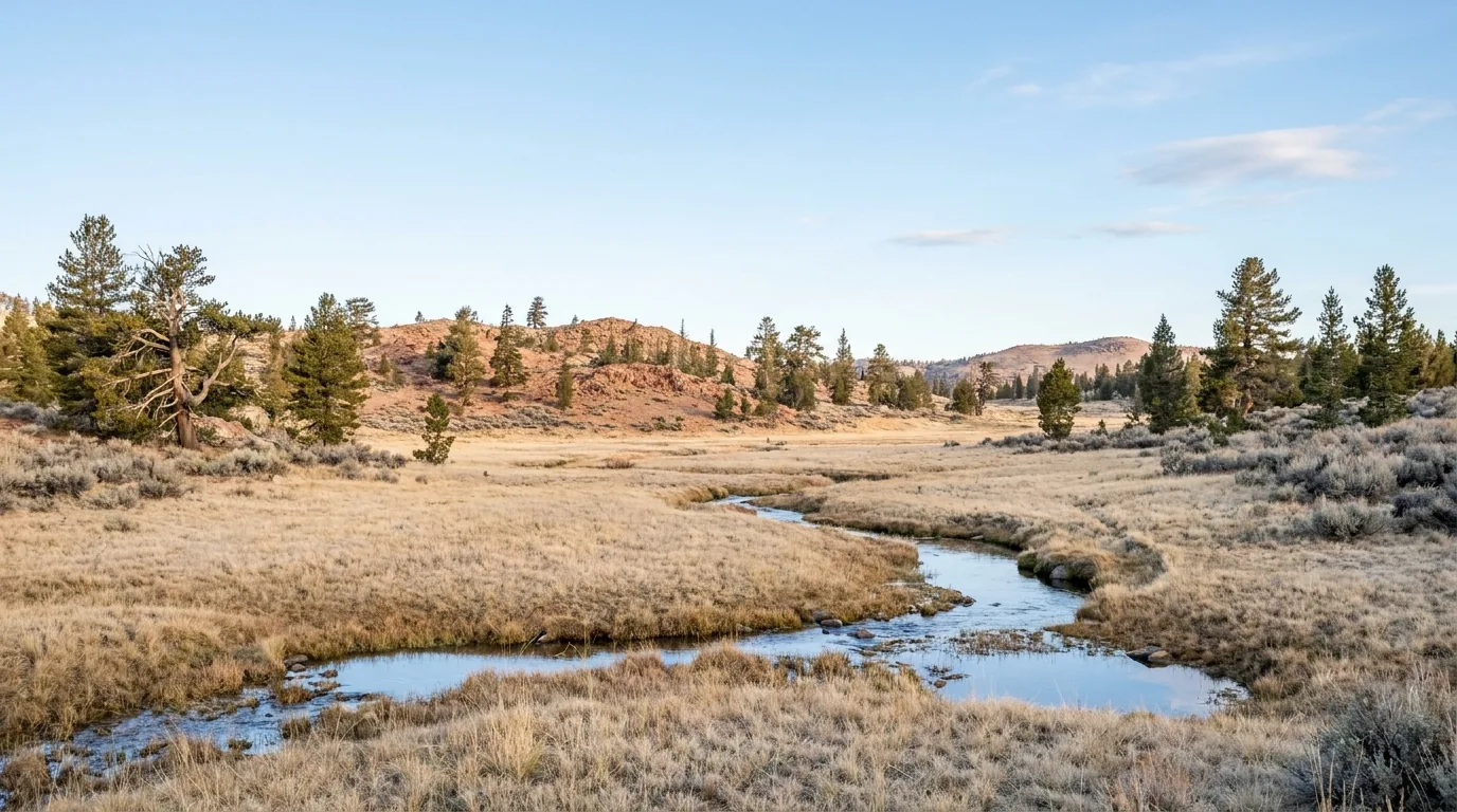 A broad open high-country meadow of pale dry grass with a small clear creek meandering through it, ringed by scattered pines and low decomposed-granite hills, sagebrush at the meadow edge, remote and open under a big sky, the Kern Plateau near Kennedy Meadows southern Sierra Nevada California, ultrarealistic photograph representative of the region