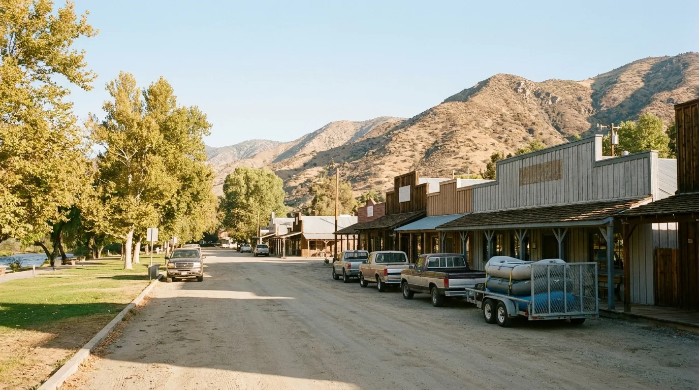 A small western river town main street of low single-storey timber and false-front buildings with shaded porches, pickup trucks and a raft trailer parked at the kerb, cottonwoods and a grassy riverside park, dry brown mountains rising close behind the rooftops, warm morning light, Kernville Kern River Valley California, ultrarealistic photograph representative of the region
