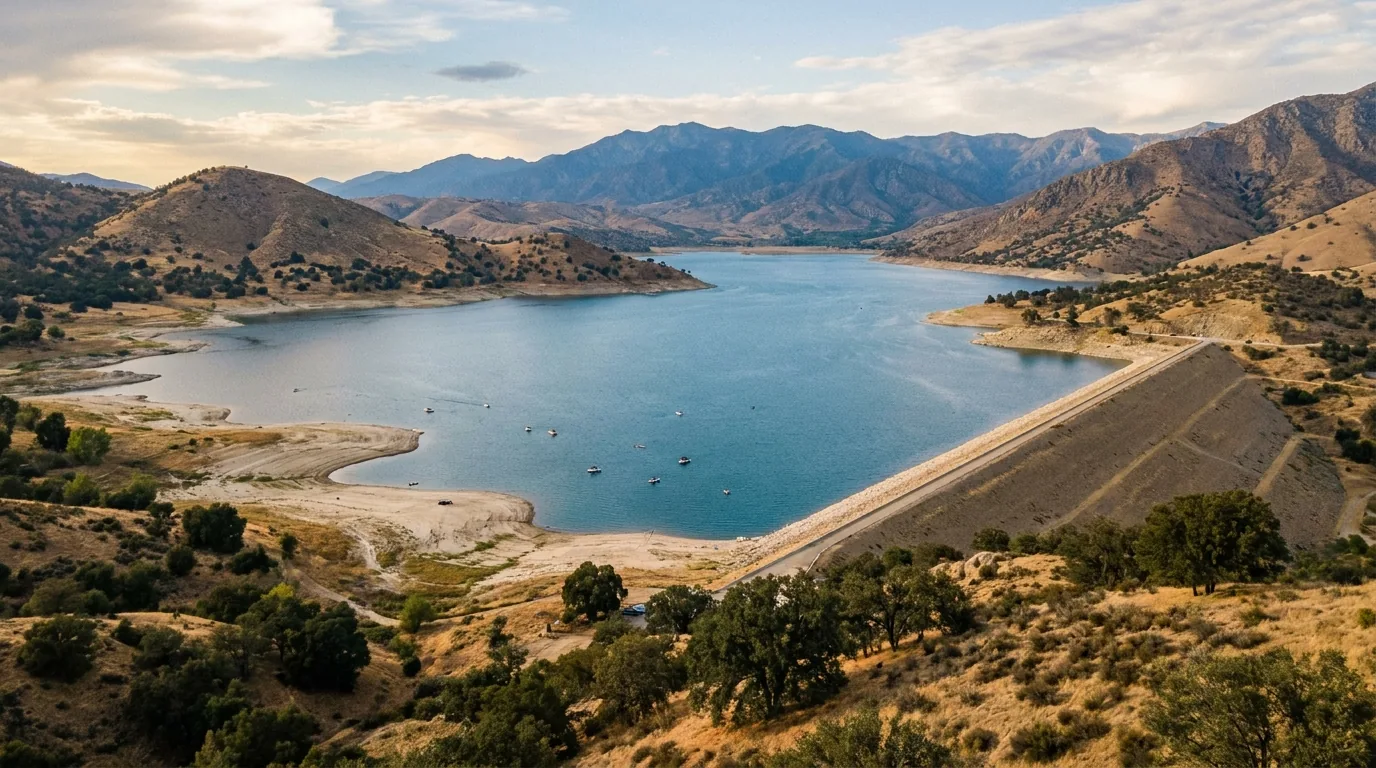 A large blue reservoir set in dry rounded golden-brown foothills with a long earthen dam embankment across one end, exposed pale shoreline showing a low water ring, scattered oaks and scrub, distant blue Sierra ridgeline behind, small boats on the water, Lake Isabella Kern County California, ultrarealistic photograph representative of the region