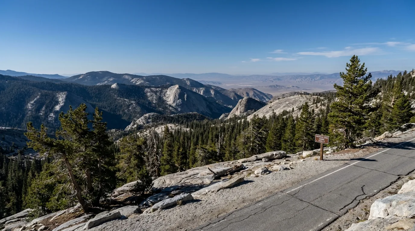 The view east from a high paved mountain pass over rank after rank of forested ridges and bare granite domes into a vast dry basin far below, wind-bent pines and granite slabs in the foreground, a narrow strip of asphalt and gravel pullout, Sherman Pass Sequoia National Forest California, ultrarealistic photograph representative of the region