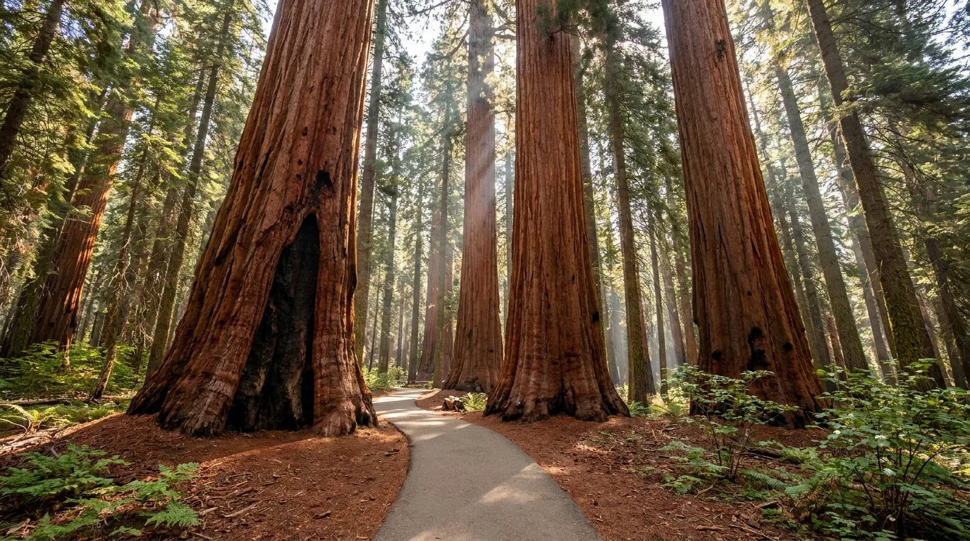 A paved interpretive loop trail winding between enormous cinnamon-red fluted giant sequoia trunks in a mixed conifer forest, shafts of morning sun through the high canopy, a fire scar low on one trunk, Trail of 100 Giants Long Meadow Grove Giant Sequoia National Monument California, ultrarealistic photograph representative of the region