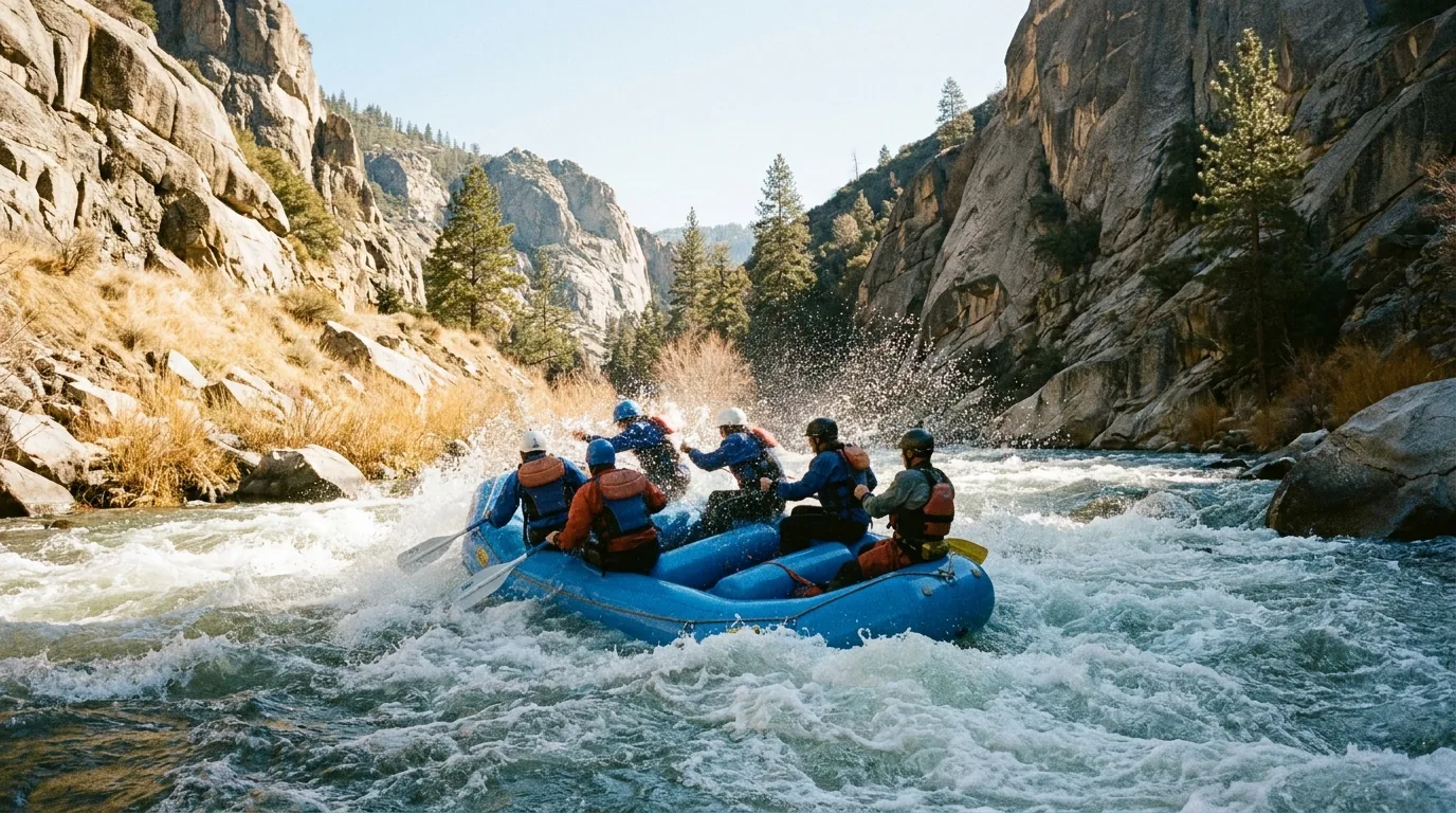 A blue inflatable paddle raft of six people in helmets and life jackets dropping into a foaming whitewater rapid on a granite-walled California mountain river, cold clear water exploding white around boulders, dry golden canyon slopes and pines behind, bright morning light, the Upper Kern River near Kernville California, ultrarealistic photograph representative of the region