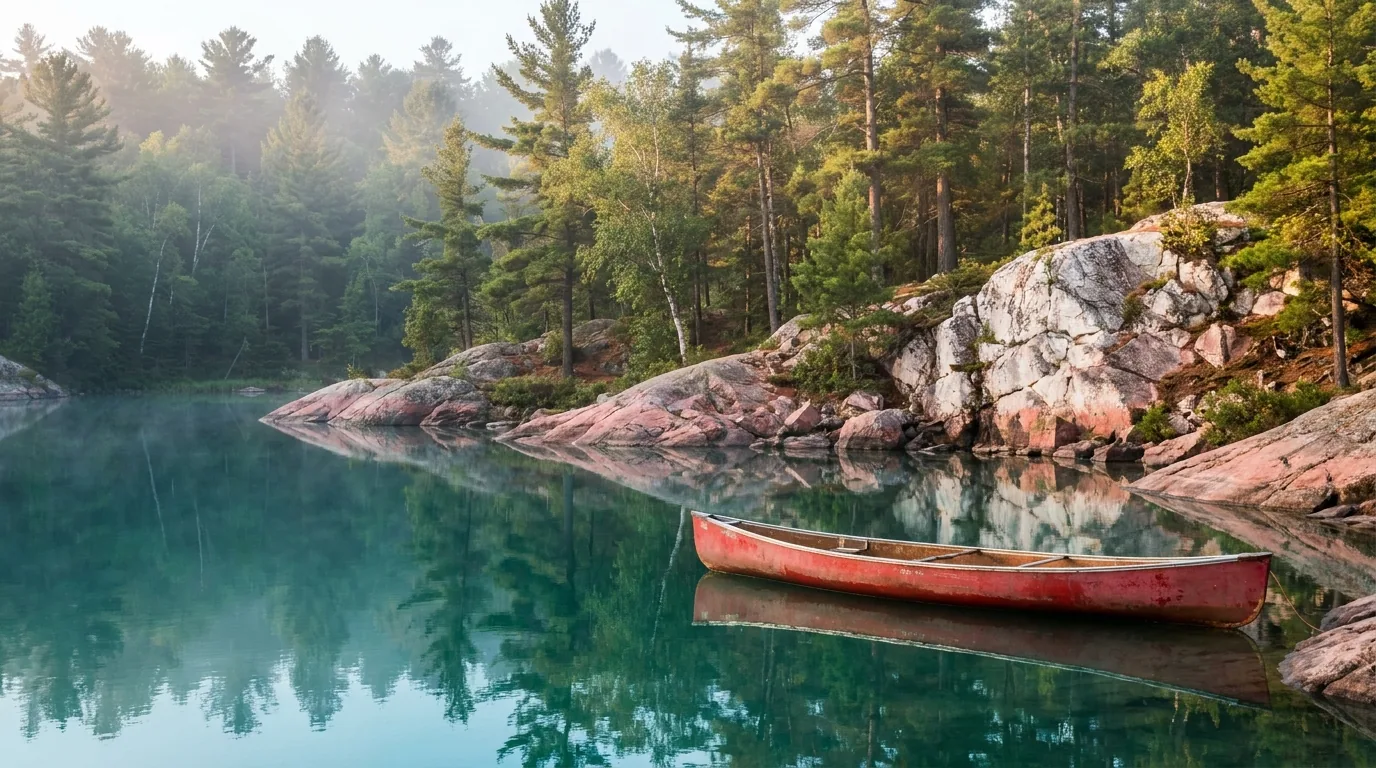 A red canoe on the calm sheltered water of George Lake, pink granite and white quartzite lined shore reflecting in the water in morning light, Killarney Provincial Park Ontario, ultrarealistic photograph representative of the region