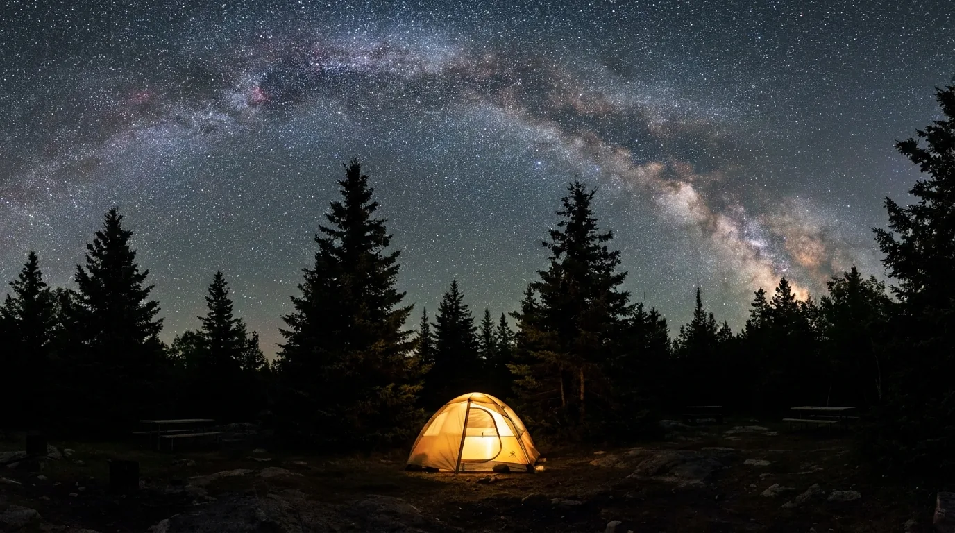 A brilliant Milky Way and dense stars over a dark-sky preserve campground with silhouetted spruce trees and a single glowing tent, Gordon's Park Manitoulin Island Ontario, long-exposure night photograph representative of the region