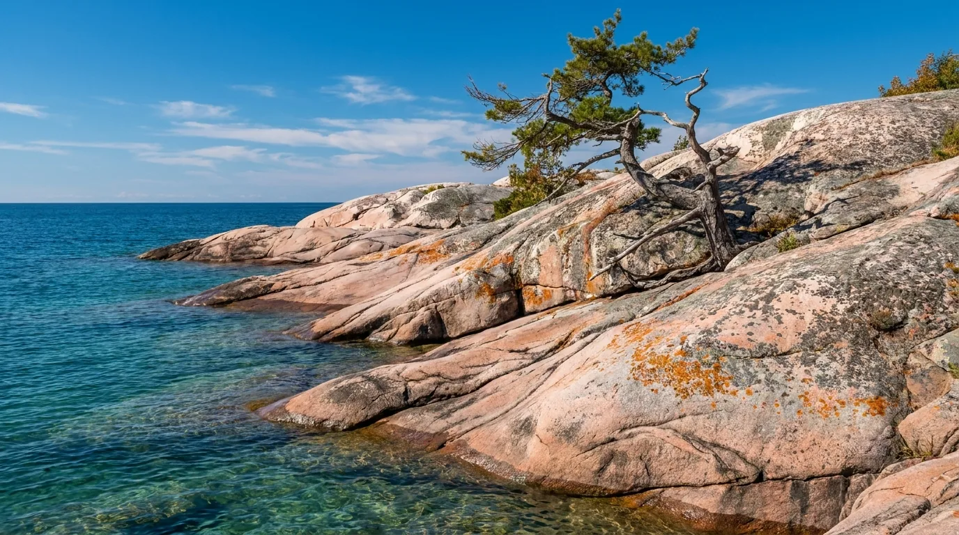 A smooth pink granite shoreline of the Canadian Shield sloping into clear turquoise water, glacial-polished rock with lichen and a lone windswept pine under blue sky, Killarney Georgian Bay Ontario, ultrarealistic photograph representative of the region