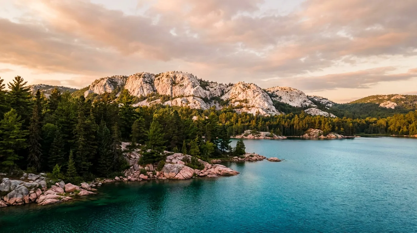 A pale white quartzite ridge of the La Cloche Mountains rising above a clear turquoise lake at golden hour, pink granite shoreline and dark spruce forest, Killarney Provincial Park Ontario, ultrarealistic photograph representative of the region