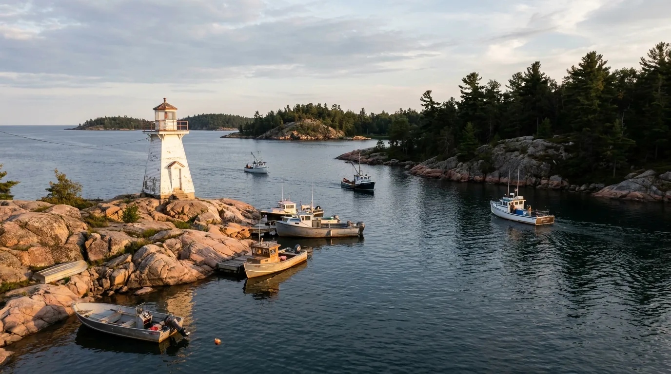 A small white lighthouse on a pink granite point at the channel by Killarney village, calm Georgian Bay water and fishing boats in evening light, Ontario, ultrarealistic photograph representative of the region