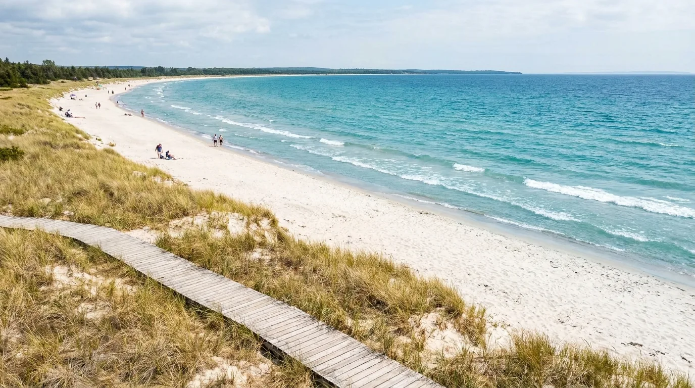 Providence Bay beach and its wooden boardwalk, a long crescent of white sand meeting the clear blue water of Lake Huron with dune grass and gentle waves in summer, Manitoulin Island Ontario, ultrarealistic photograph representative of the region