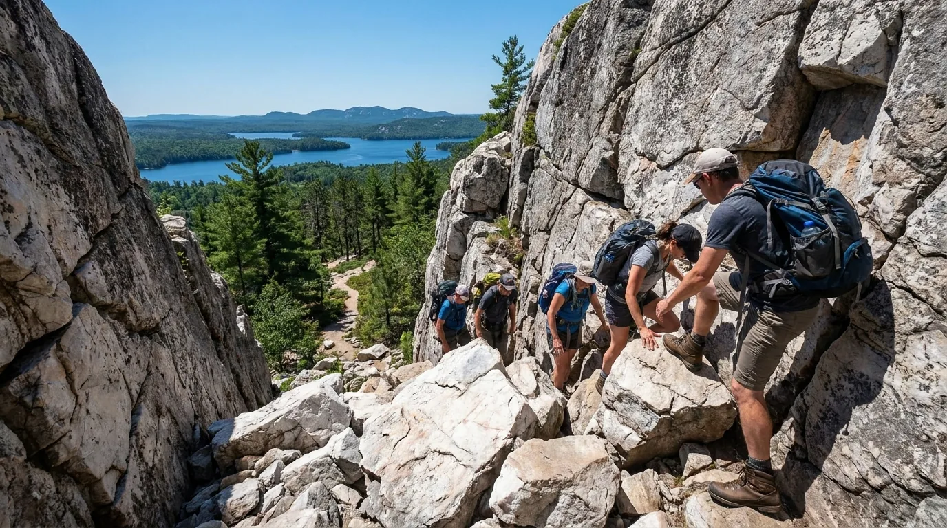 Hikers scrambling up The Crack, a steep boulder-filled gap in white quartzite rock leading to a panorama over blue lakes and the La Cloche silhouette, Killarney Provincial Park Ontario, ultrarealistic photograph representative of the region