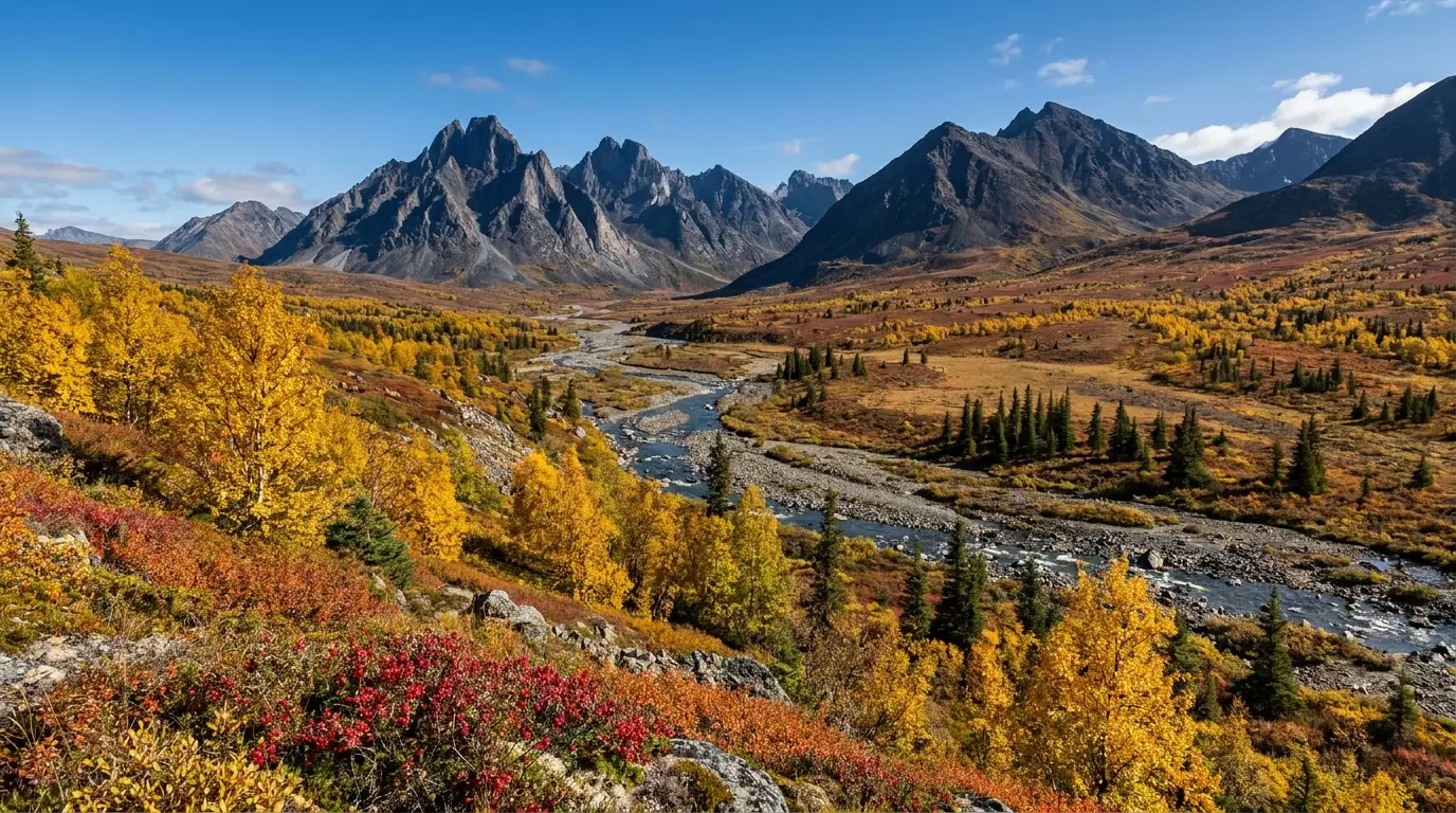 Sweeping open sub-arctic tundra glowing gold and red with autumn colour beneath jagged dark granite peaks, scattered spruce and a winding valley in crisp clear September light, Tombstone country Yukon, ultrarealistic photograph representative of the region