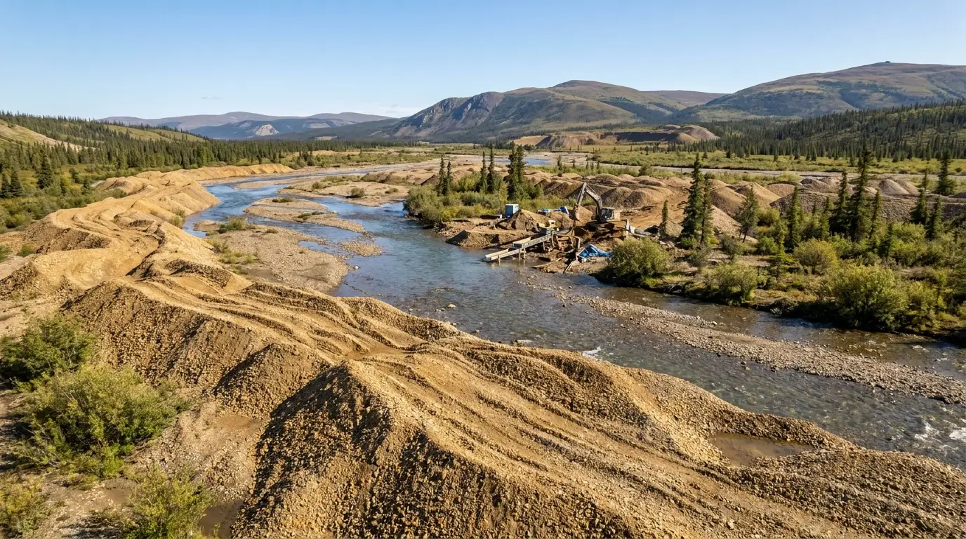 Long winding rows of gravel dredge tailing piles snaking through a broad creek valley in the goldfields with sparse spruce and willow, a small creek and a working placer claim in bright northern daylight, Bonanza Creek Yukon, ultrarealistic photograph representative of the region