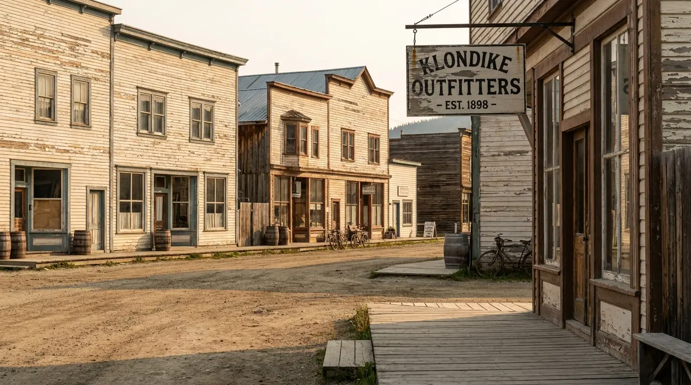 Weathered painted Victorian false-front wooden buildings with wooden sidewalks along a dusty unpaved street, a vintage storefront and hanging sign in warm daylight, historic Dawson City Yukon, ultrarealistic photograph representative of the region