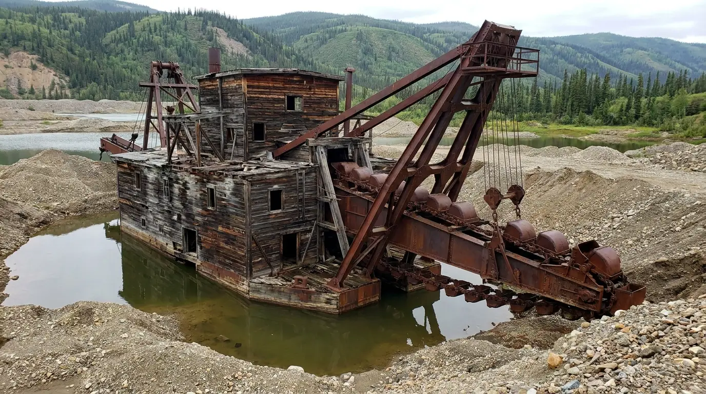 A massive weathered wooden bucketline gold dredge sitting in a pond of its own tailings in a wide river valley, rusted steel buckets and gantry with spruce-covered hills behind under soft daylight, historic Klondike goldfields Yukon, ultrarealistic photograph representative of the region