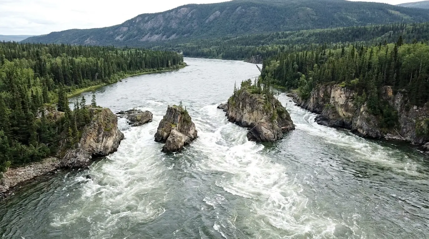 A wide northern river split into channels by four steep rock islands creating turbulent whitewater, forested banks and a distant ridge under bright overcast light, Five Finger Rapids on the Yukon River, ultrarealistic photograph representative of the region