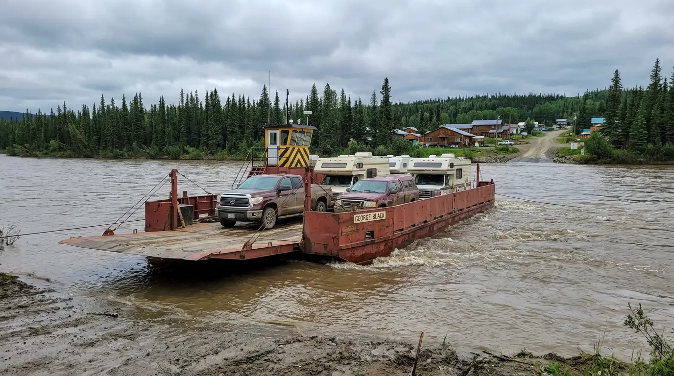 A small open vehicle ferry loaded with a couple of trucks and campervans crossing a wide fast brown river toward a forested far bank and a small town under overcast northern light, the George Black ferry on the Yukon River at Dawson City, ultrarealistic photograph representative of the region