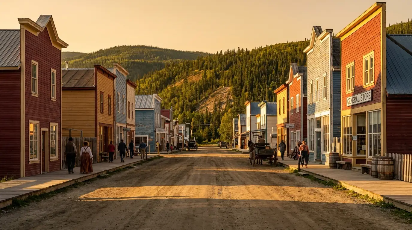 Brightly painted false-front gold-rush storefronts and wooden boardwalks lining an unpaved dirt street under low golden evening sun, forested hills behind, Dawson City Yukon, ultrarealistic photograph representative of the region