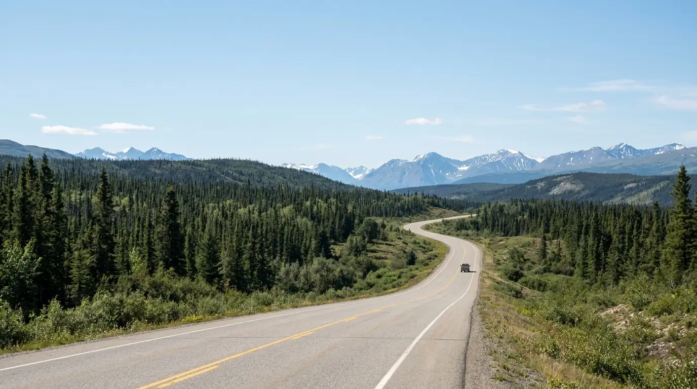 An empty two-lane highway curving through rolling boreal spruce forest and low hills under a vast pale northern sky with distant mountains, a single vehicle far ahead on a clear summer day, North Klondike Highway Yukon, ultrarealistic photograph representative of the region