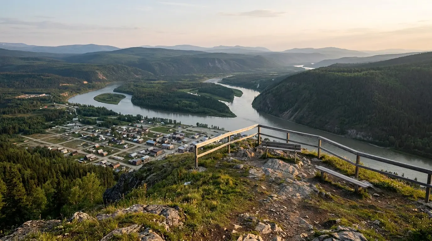 Elevated panoramic view from a bald hilltop over two rivers meeting below, a small grid-pattern town on the river flat, boreal forest and distant blue ranges in soft late-evening light, the Midnight Dome above Dawson City Yukon, ultrarealistic photograph representative of the region