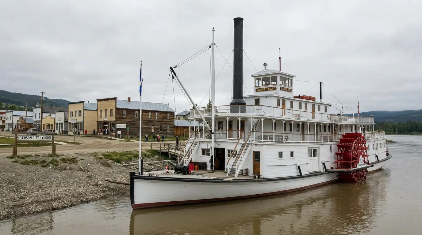 A restored white wooden paddlewheel sternwheeler riverboat with a tall smokestack moored on a broad river bank beside a small northern town, calm brown river water under an overcast summer sky, Dawson City waterfront Yukon, ultrarealistic photograph representative of the region