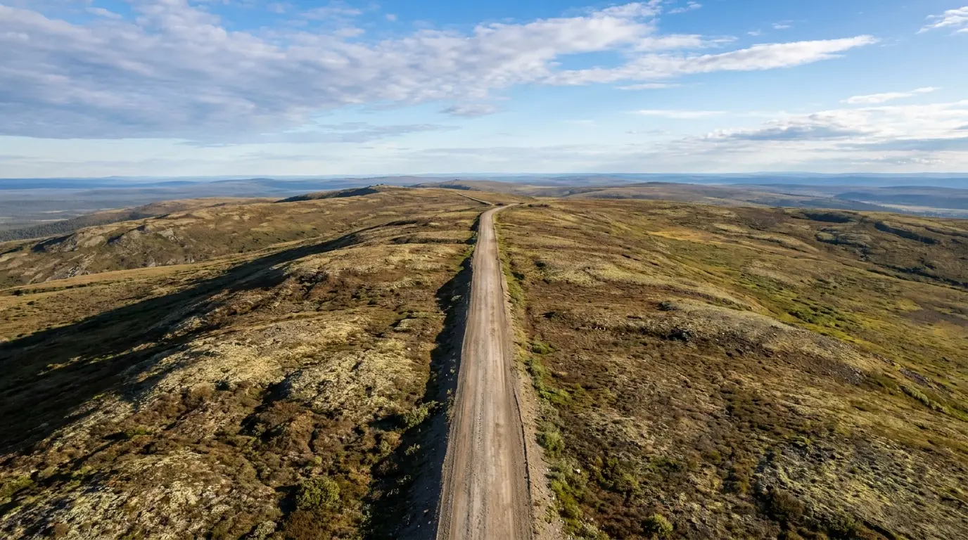 A gravel highway running straight along the crest of a treeless rolling ridge with tundra hills stretching to the horizon in every direction under a huge sky, no other vehicles in clear summer light, Top of the World Highway Yukon, ultrarealistic photograph representative of the region