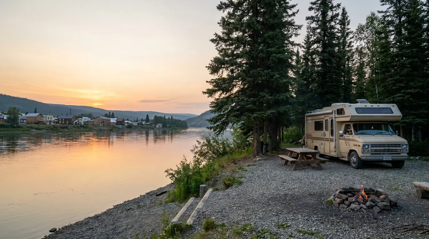A quiet forested riverside campsite with a campervan and picnic table among spruce trees on the bank of a broad northern river, calm water and a distant town across the river in soft golden evening light, Yukon River Campground Dawson City, ultrarealistic photograph representative of the region