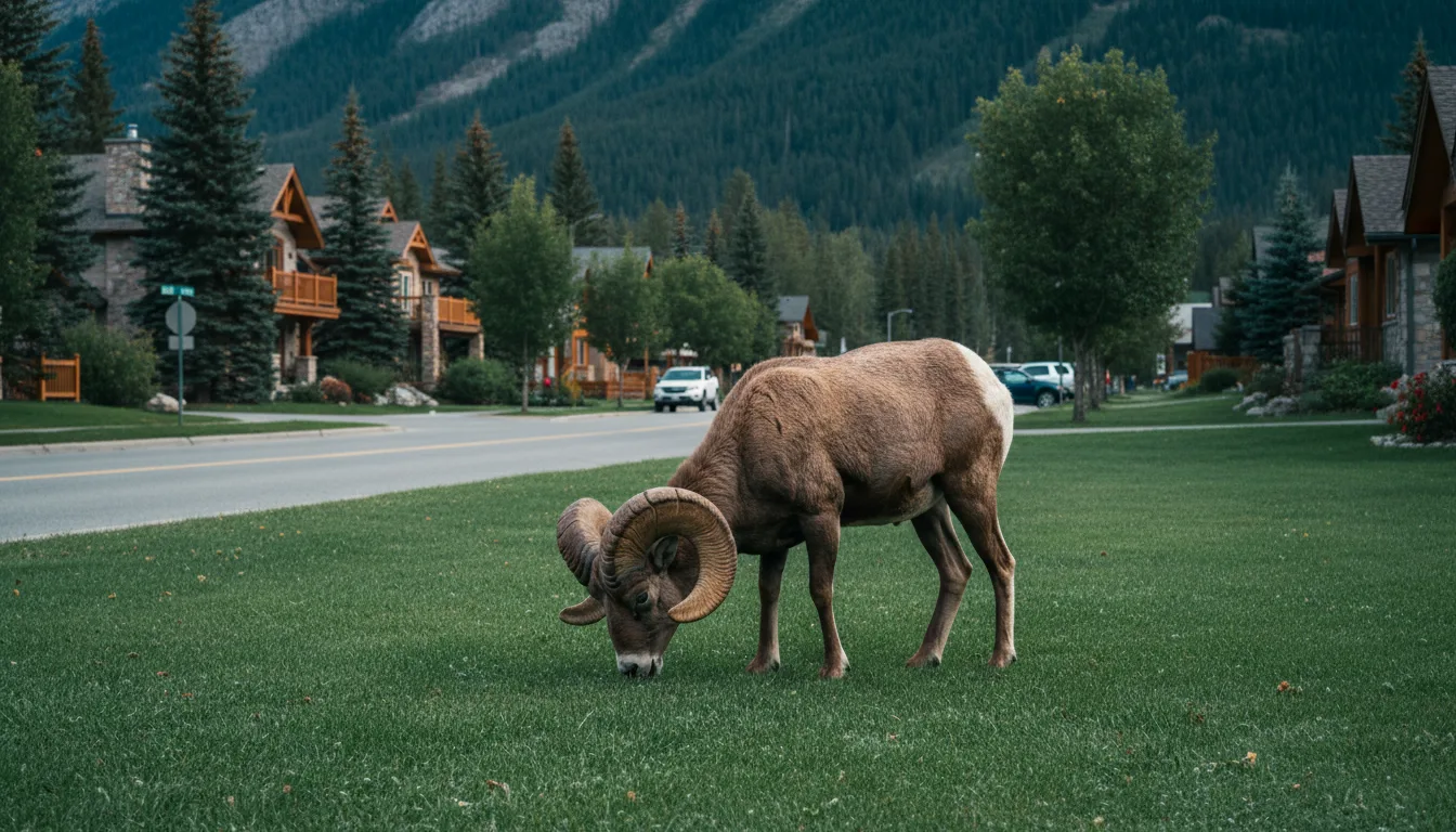 A bighorn ram grazing on a village green beside a roadside in the town of Radium, illustrative render in the series style
