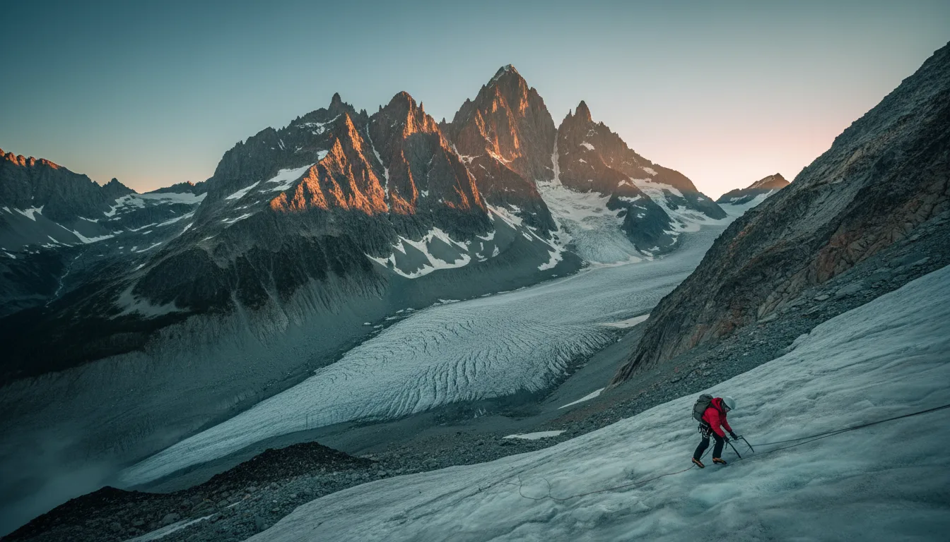 Sharp granite spires above a glacier, Bugaboo Provincial Park, climber's country, illustrative render in the series style