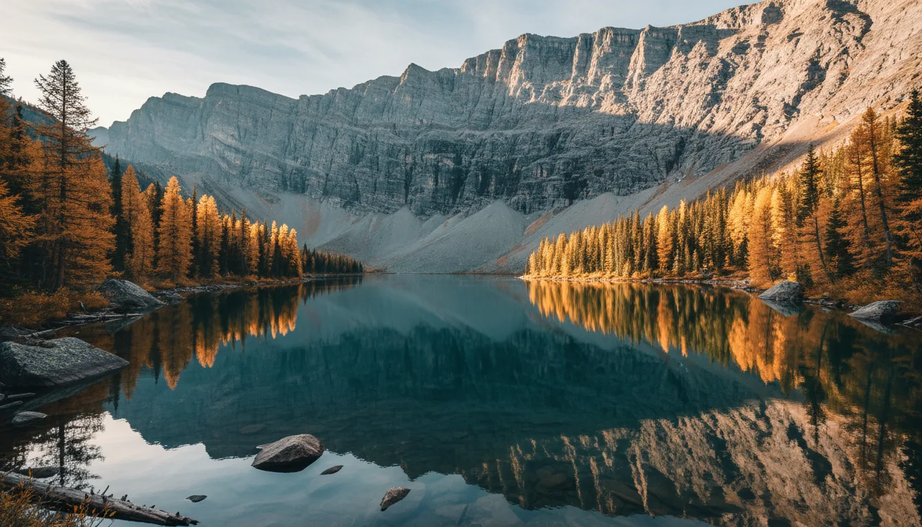 An alpine larch lake beneath a long grey cliff wall in autumn gold, Floe Lake and the Rockwall, illustrative render in the series style