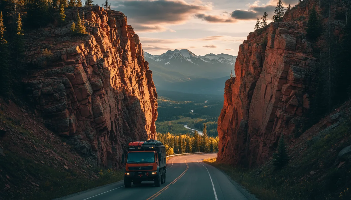 Overland rig descending Highway 93S through the red-walled Sinclair Canyon toward the broad Columbia Valley at golden hour