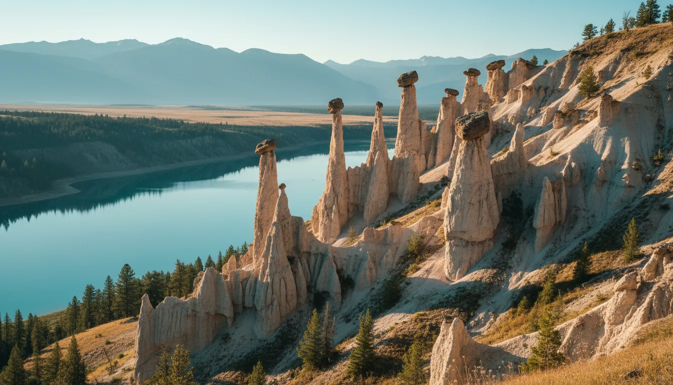 Pale sandstone hoodoo pinnacles above a turquoise lake, the Dutch Creek Hoodoos above Columbia Lake, illustrative render in the series style