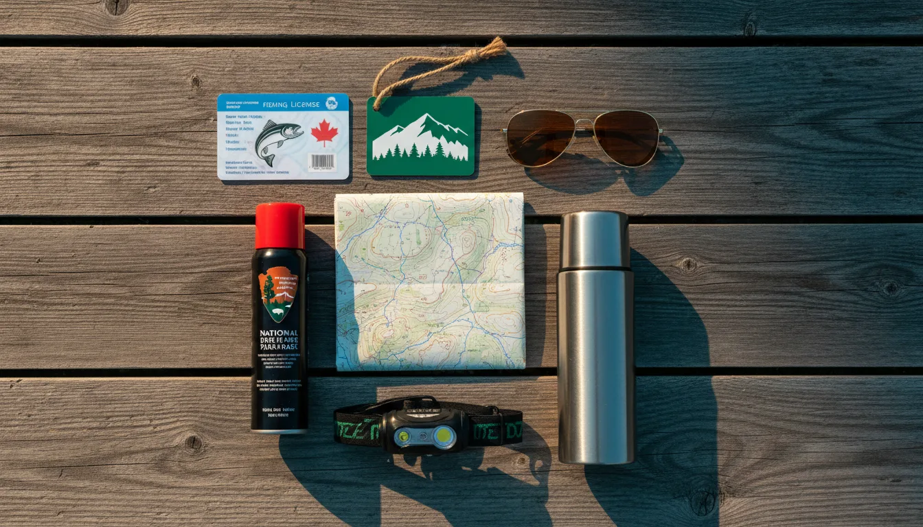 Overhead flat lay of cross-provincial overlanding kit: a BC fishing licence card, a Parks Canada pass, bear spray and a map, illustrative render in the series style