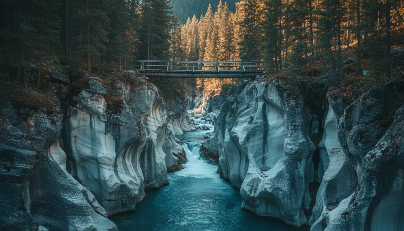 A deep blue-green glacial slot canyon crossed by a log footbridge, Marble Canyon, illustrative render in the series style