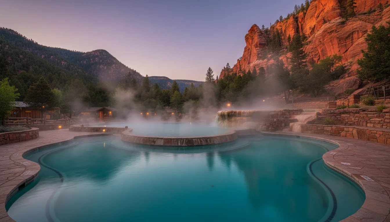 Steaming hot-springs pool set in a narrow red-rock canyon at dusk, Radium Hot Springs, illustrative render in the series style
