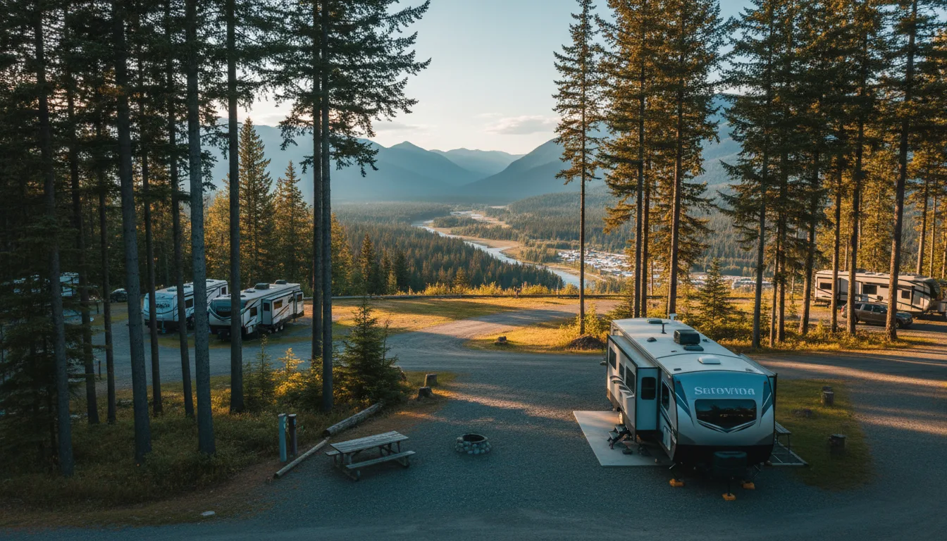 A forested RV and vehicle campground on a bench above a valley, Redstreak campground above Radium, illustrative render in the series style