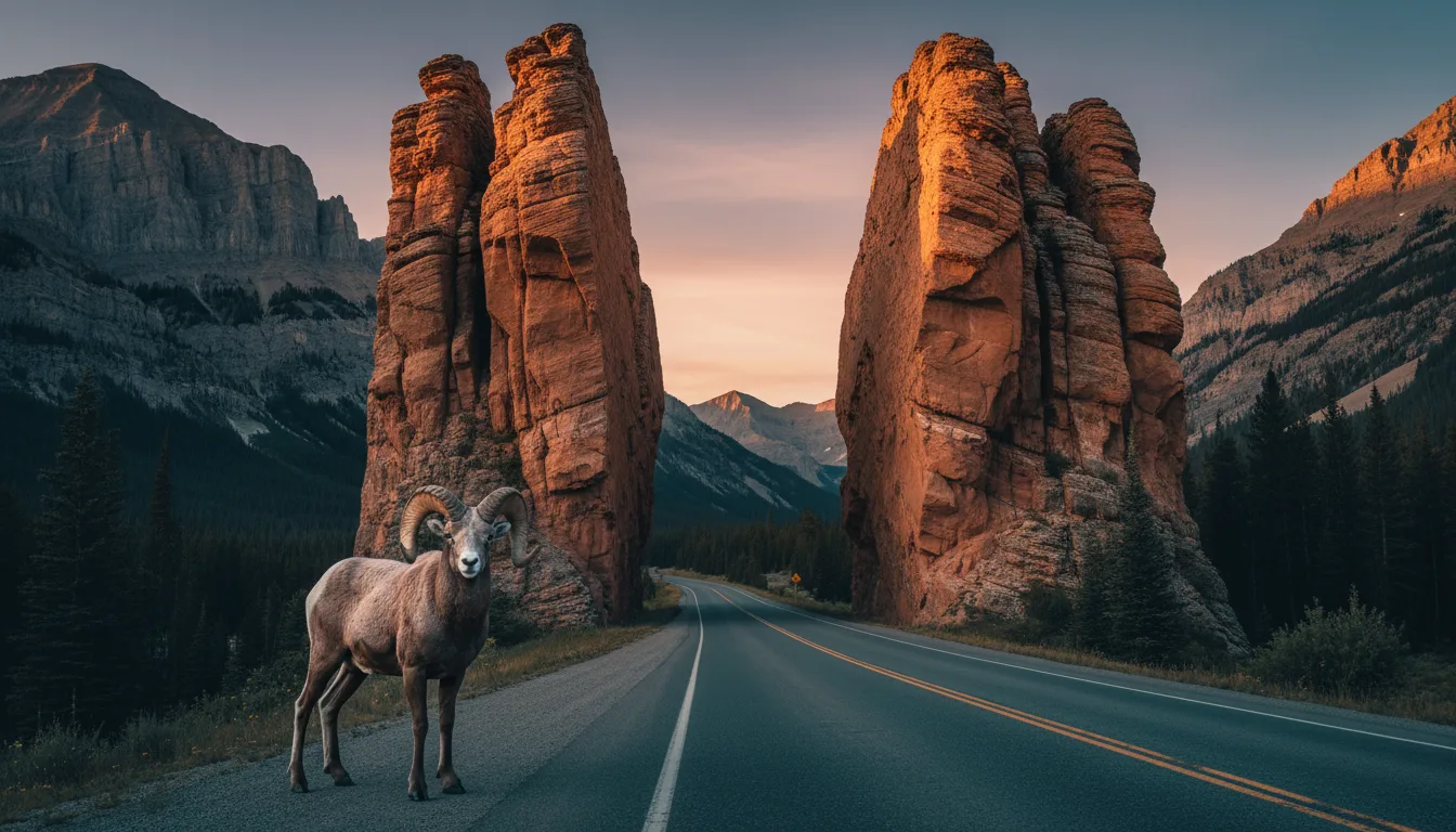 Tall red-rock canyon gates with a bighorn ram standing on the roadside, Sinclair Canyon, illustrative render in the series style