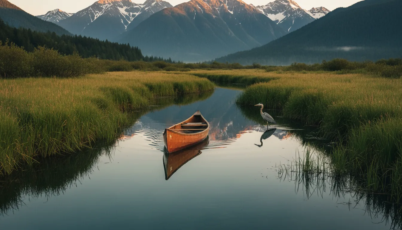 A canoe drifting a glassy wetland channel among reeds and herons with mountains beyond, the Columbia Wetlands, illustrative render in the series style