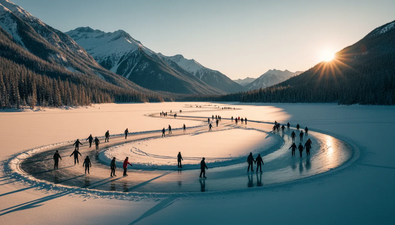 Skaters on a long cleared ribbon across a frozen mountain lake in winter, the Lake Windermere Whiteway, illustrative render in the series style