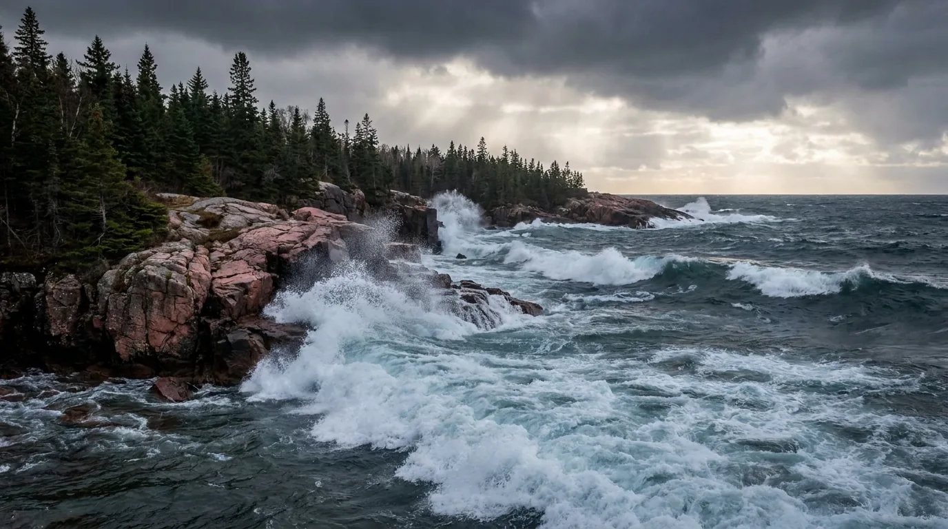 Cold blue-grey waves of Lake Superior crashing against pink Canadian Shield granite headlands under a dramatic storm sky, dark boreal spruce on the cliffs, wild remote north-shore coast, ultrarealistic photograph representative of the region